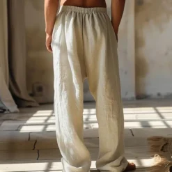 Men's Animal Grid / Plaid Geometric Pattern Linen Pants Baggy Pants Mid Waist Vintage Ethnic Style Casual Outdoor Streetwear Elastic Waist Spring & Fall Fall & Winter Blue Green Khaki