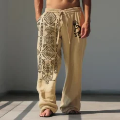 Men's Animal Grid / Plaid Geometric Pattern Linen Pants Baggy Pants Mid Waist Vintage Ethnic Style Casual Outdoor Streetwear Elastic Waist Spring & Fall Fall & Winter Blue Green Khaki