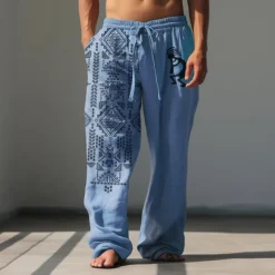 Men's Animal Grid / Plaid Geometric Pattern Linen Pants Baggy Pants Mid Waist Vintage Ethnic Style Casual Outdoor Streetwear Elastic Waist Spring & Fall Fall & Winter Blue Green Khaki