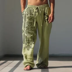 Men's Animal Grid / Plaid Geometric Pattern Linen Pants Baggy Pants Mid Waist Vintage Ethnic Style Casual Outdoor Streetwear Elastic Waist Spring & Fall Fall & Winter Blue Green Khaki