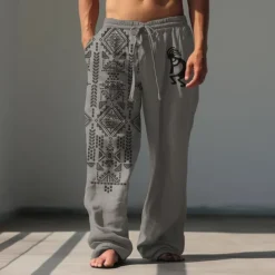 Men's Animal Grid / Plaid Geometric Pattern Linen Pants Baggy Pants Mid Waist Vintage Ethnic Style Casual Outdoor Streetwear Elastic Waist Spring & Fall Fall & Winter Blue Green Khaki