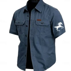 Men's Animal Horse Work Shirt Western Shirt Cargo Shirt Short Sleeve Casual Tactical Sports Outdoor WorkWear Summer Spring Turndown Front Two Pockets Cotton Button Up Shirts Army Green Khaki Dark