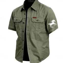 Men's Animal Horse Work Shirt Western Shirt Cargo Shirt Short Sleeve Casual Tactical Sports Outdoor WorkWear Summer Spring Turndown Front Two Pockets Cotton Button Up Shirts Army Green Khaki Dark