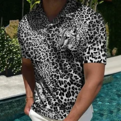 Men's Animal Leopard Polo Shirts Golf Shirt Short Sleeve Shirt Turndown Casual Daily 3D Print Yellow Blue Brown Dark Gray Print Clothing Apparel Fashion Designer Casual Breathable