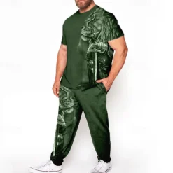 Men's Animal Lion 3D Print 2pcs Tees sets Matching Sets Short Sleeve Long pants Crew Neck Fashion Streetwear Casual Outdoor Daily Sports 3D Print Spring & Summer Navy Blue Green Dark Gray