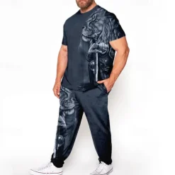 Men's Animal Lion 3D Print 2pcs Tees sets Matching Sets Short Sleeve Long pants Crew Neck Fashion Streetwear Casual Outdoor Daily Sports 3D Print Spring & Summer Navy Blue Green Dark Gray