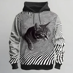 Men's Animal Optical Illusion Hoodies Sweatshirt Ethnic Cowboy Long Sleeve Crew Neck Holiday Streetwear Black White Drawstring Fall Winter Designer