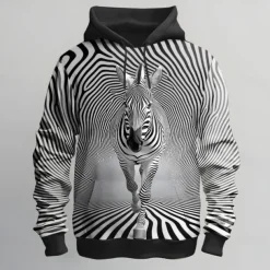 Men's Animal Optical Illusion Hoodies Sweatshirt Ethnic Cowboy Long Sleeve Crew Neck Holiday Streetwear Black White Drawstring Fall Winter Designer