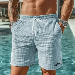 Men's Animal Shark Sea Creatures Waffle Shorts Sweat Shorts Casual Shorts Mid Waist Fashion Casual Vacation Jogging Workout Elastic Drawstring Waist Shorts with Pockets Designer Clothing Apparel