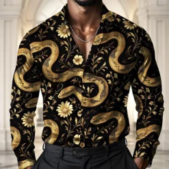 Men's Animal Snake Flowers Shirt Satin Shirt Dress Shirt Long Sleeve Vintage Retro Vacation Dailywear Summer Spring Fall Turndown 3D Print Button Up Shirts Black White Blue Green