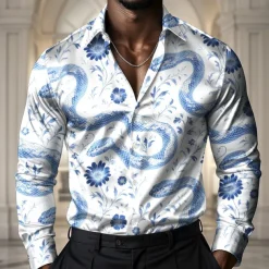 Men's Animal Snake Flowers Shirt Satin Shirt Dress Shirt Long Sleeve Vintage Retro Vacation Dailywear Summer Spring Fall Turndown 3D Print Button Up Shirts Black White Blue Green