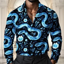 Men's Animal Snake Flowers Shirt Satin Shirt Dress Shirt Long Sleeve Vintage Retro Vacation Dailywear Summer Spring Fall Turndown 3D Print Button Up Shirts Black White Blue Green