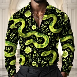 Men's Animal Snake Flowers Shirt Satin Shirt Dress Shirt Long Sleeve Vintage Retro Vacation Dailywear Summer Spring Fall Turndown 3D Print Button Up Shirts Black White Blue Green