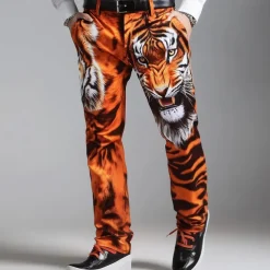 Men's Animal Tiger Dress Pants Trousers Suit Pants Mid Waist Vintage Retro Vacation Casual Regular Fit Flat-Front Straight Leg Pants with Pockets Summer Spring Fall 3D Print Orange khaki