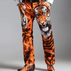 Men's Animal Tiger Dress Pants Trousers Suit Pants Mid Waist Vintage Retro Vacation Casual Regular Fit Flat-Front Straight Leg Pants with Pockets Summer Spring Fall 3D Print Orange khaki