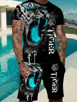 Men's Animal Tiger 2pcs Tees sets Summer Tops Short Sleeve Short Pants Crew Neck Sport Casual Trendy Outdoor Casual Daily 3D Print Summer Blue Red