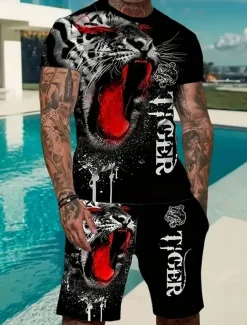 Men's Animal Tiger 2pcs Tees sets Summer Tops Short Sleeve Short Pants Crew Neck Sport Casual Trendy Outdoor Casual Daily 3D Print Summer Blue Red