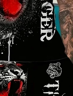 Men's Animal Tiger 2pcs Tees sets Summer Tops Short Sleeve Short Pants Crew Neck Sport Casual Trendy Outdoor Casual Daily 3D Print Summer Blue Red