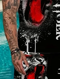 Men's Animal Tiger 2pcs Tees sets Summer Tops Short Sleeve Short Pants Crew Neck Sport Casual Trendy Outdoor Casual Daily 3D Print Summer Blue Red