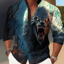 Men's Animal Wolf Devil Shirt Stand Collar Shirt Long Sleeve Dark Punk Gothic Style Holiday Spring Fall Mandarin Collar Band Collar 3D Print Button Up Shirts Blue Orange