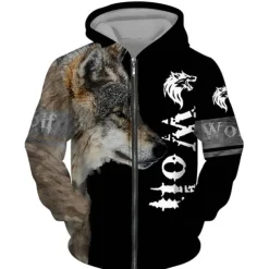 Men's Animal Wolf Graphic Prints Hoodie Hoodies Sweatshirt Streetwear Designer Long Sleeve Hooded Sports & Outdoor Daily Sports Black Brown Zipper Print Spring & Fall Designer