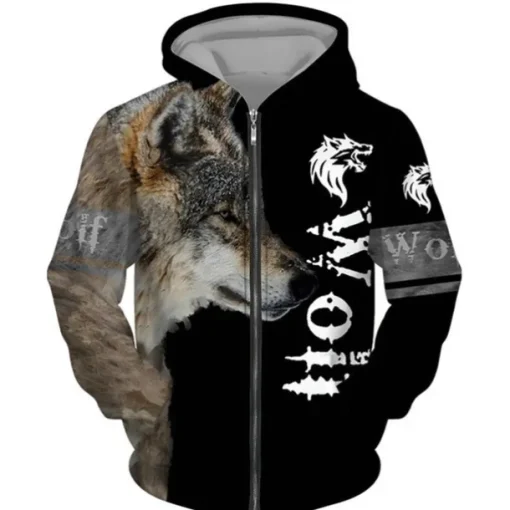 Men's Animal Wolf Graphic Prints Hoodie Hoodies Sweatshirt Streetwear Designer Long Sleeve Hooded Sports & Outdoor Daily Sports Black Brown Zipper Print Spring & Fall Designer