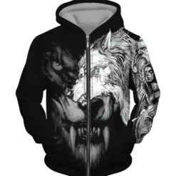 Men's Animal Wolf Graphic Prints Hoodie Hoodies Sweatshirt Streetwear Designer Long Sleeve Hooded Sports & Outdoor Daily Sports Black Brown Zipper Print Spring & Fall Designer