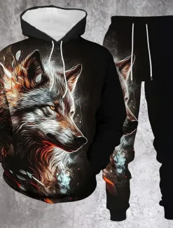 Men's Animal Wolf 2pcs 3D Sweatshirt Sets Tracksuit Hoodie Sweatshirt Long Sleeve Long pants Hooded Casual Daily Athleisure Daily Wear 3D Print Spring Fall Winter Orange Green