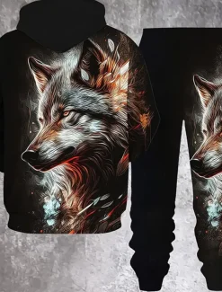 Men's Animal Wolf 2pcs 3D Sweatshirt Sets Tracksuit Hoodie Sweatshirt Long Sleeve Long pants Hooded Casual Daily Athleisure Daily Wear 3D Print Spring Fall Winter Orange Green