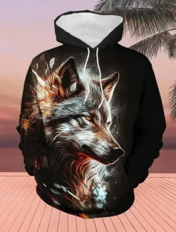 Men's Animal Wolf 2pcs 3D Sweatshirt Sets Tracksuit Hoodie Sweatshirt Long Sleeve Long pants Hooded Casual Daily Athleisure Daily Wear 3D Print Spring Fall Winter Orange Green