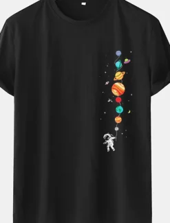 Men's Astronaut Planet T Shirt Tee Cotton Short Sleeve Graphic Shirt Black Navy Blue Comfortable Tee Casual Fashion Designer Clothing