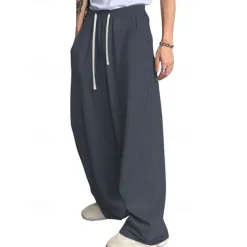 Men's Athletic Pants Wide Leg Sweatpants Trousers Drawstring Elastic Waist Plain Comfort Breathable Casual Daily Holiday Sports Fashion Dark Brown Black