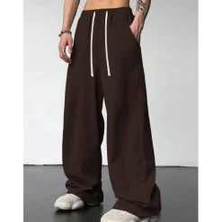 Men's Athletic Pants Wide Leg Sweatpants Trousers Drawstring Elastic Waist Plain Comfort Breathable Casual Daily Holiday Sports Fashion Dark Brown Black