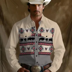 Men's Aztec Ethic / African Western Shirt Button Up Shirt Cowboy Shirt Long Sleeve Vintage Retro Outdoor Camping & Hiking Spring Fall Turndown 3D Print Front Two Pockets Linen Like Shirt Blue Khaki