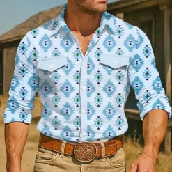 Men's Aztec Ethnic Western Shirt Button Up Shirt Cowboy Shirt Long Sleeve Vintage Retro Outdoor Holiday Summer Spring Fall Turndown Collared Shirts Front Two Pockets Blue Green Apricot