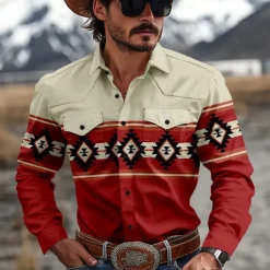 Men's Aztec Indian Culture Shirt Western Shirt Cowboy Shirt Long Sleeve Vintage Western Style Tribal Outdoor Daily WorkWear Fall & Winter Turndown 3D Print Front Two Pockets Button Up Shirts Red Brown