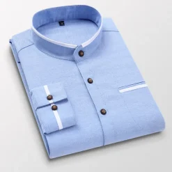 Men's Band Collar Shirt Dress Shirt Oxford Shirt Solid / Plain Color Wedding White Blue Gray Light Blue Long Sleeve Standing Collar Spring & Fall Clothing Apparel