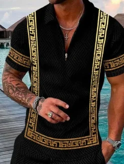 Men's Baroque Zip Polo Shirts Golf Shirt Short Sleeve Polo Shirts Collared Shirts Vintage Casual Vacation Wear Party Outfits 3D Print Quarter Zip Polo Yellow Blue Purple