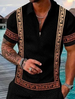 Men's Baroque Zip Polo Shirts Golf Shirt Short Sleeve Polo Shirts Collared Shirts Vintage Casual Vacation Wear Party Outfits 3D Print Quarter Zip Polo Yellow Blue Purple