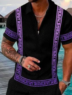 Men's Baroque Zip Polo Shirts Golf Shirt Short Sleeve Polo Shirts Collared Shirts Vintage Casual Vacation Wear Party Outfits 3D Print Quarter Zip Polo Yellow Blue Purple