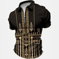 Men's Baroque Zip Polo Shirts Golf Shirt Short Sleeve Polo Shirts Collared Shirts Vintage Casual Vacation Wear Party Outfits 3D Print Quarter Zip Polo Black White Yellow