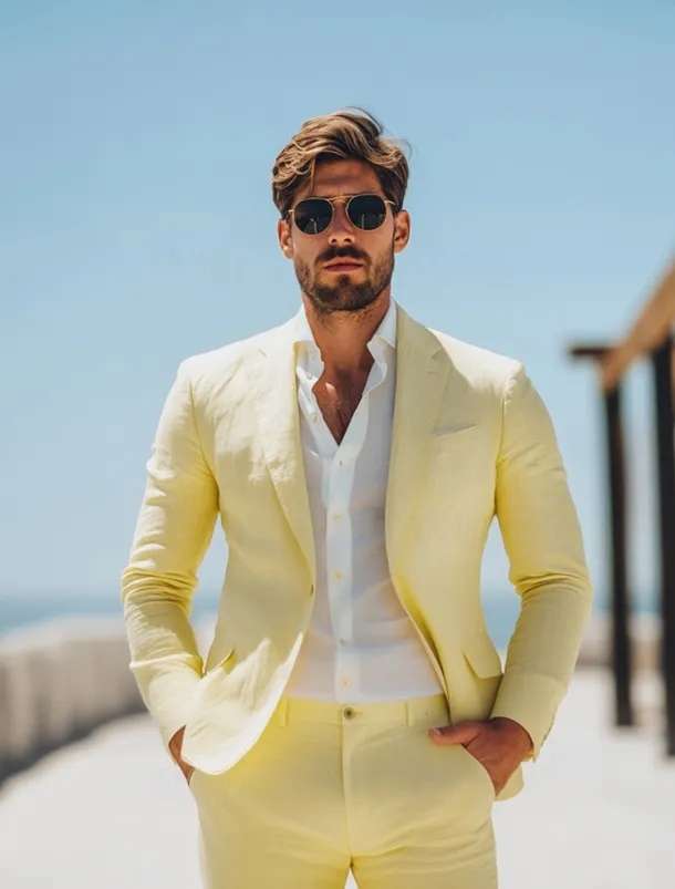 Men's Beach Wedding Linen Suits Pink Sky Blue Solid Colored Standard Fit 2 Piece Single Breasted One-button