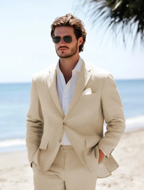 Men's Beach Wedding Linen Suits Khaki Lightweight Casual Solid Colored Standard Fit 2 Piece Single Breasted Two-buttons