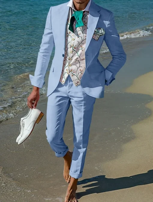 Men's Beach Wedding Linen Suits Notch Lapel Pink Sky Blue Casual Street Style Solid Colored Standard Fit 2 Piece Single Breasted One-button