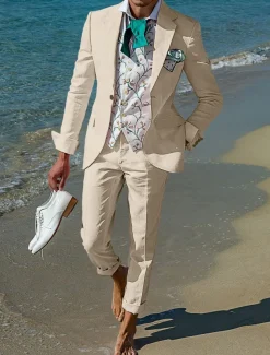 Men's Beach Wedding Linen Suits Notch Lapel Pink Sky Blue Casual Street Style Solid Colored Standard Fit 2 Piece Single Breasted One-button