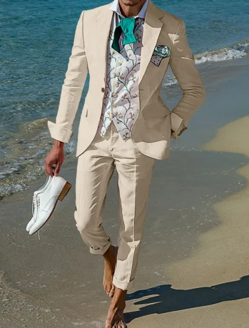 Men's Beach Wedding Linen Suits Notch Lapel Pink Sky Blue Casual Street Style Solid Colored Standard Fit 2 Piece Single Breasted One-button