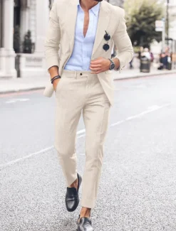 Men's Beach Wedding Linen Suits Peak Sky Blue Dark Blue Fashion Casual Solid Colored Tailored Fit 2 Piece Single Breasted One-button