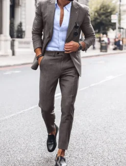 Men's Beach Wedding Linen Suits Peak Sky Blue Dark Blue Fashion Casual Solid Colored Tailored Fit 2 Piece Single Breasted One-button