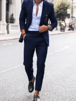 Men's Beach Wedding Linen Suits Peak Sky Blue Dark Blue Fashion Casual Solid Colored Tailored Fit 2 Piece Single Breasted One-button