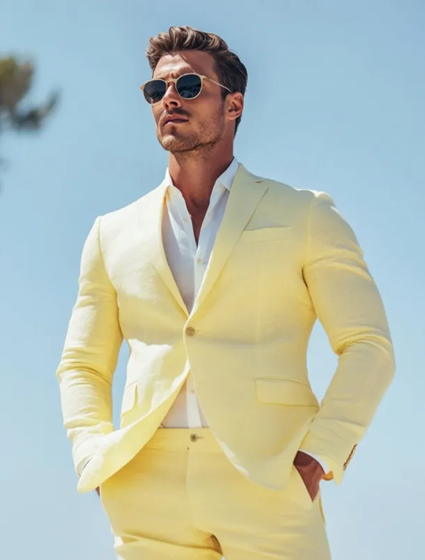 Men's Beach Wedding Linen Suits Daffodil Fashion Casual Solid Colored Standard Fit 2 Piece Single Breasted One-button